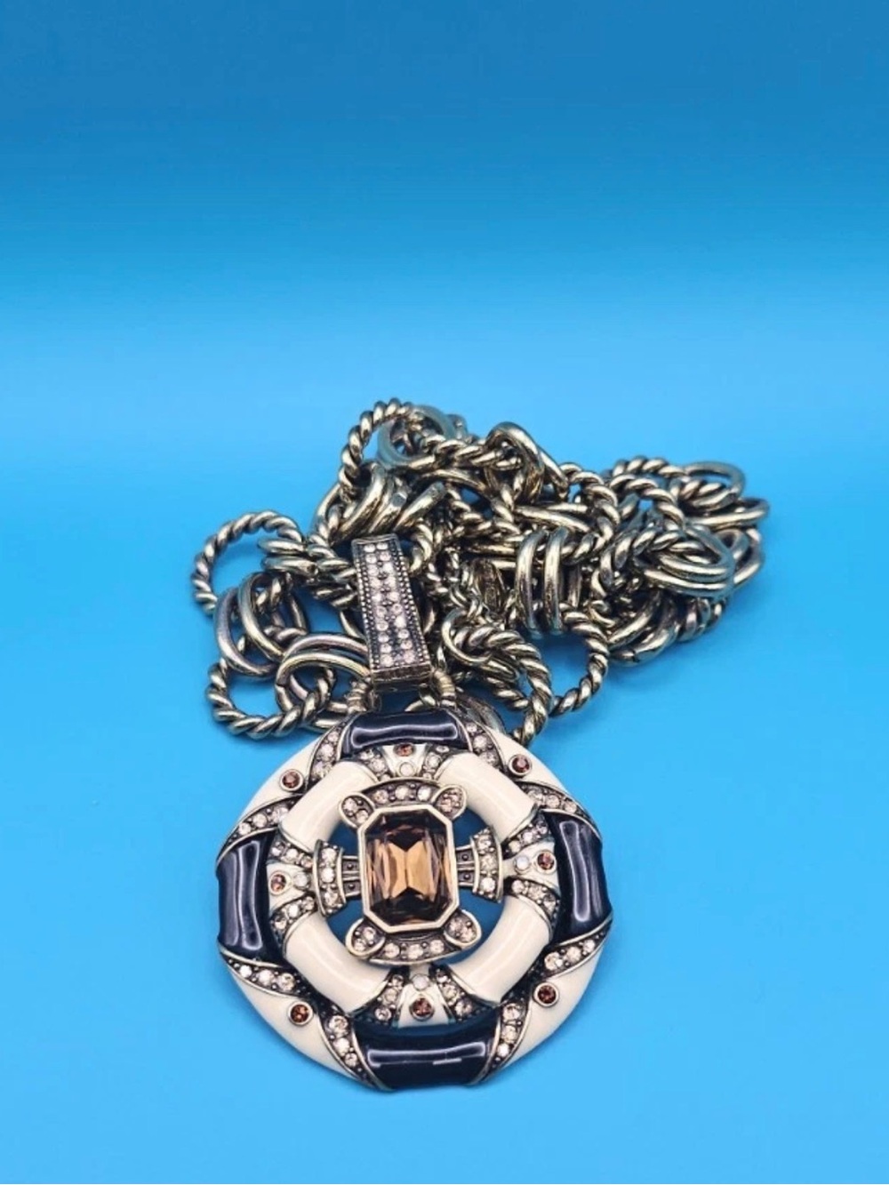 Heidi Daus black, cream and Champagne Round Enamel Pendant Necklace